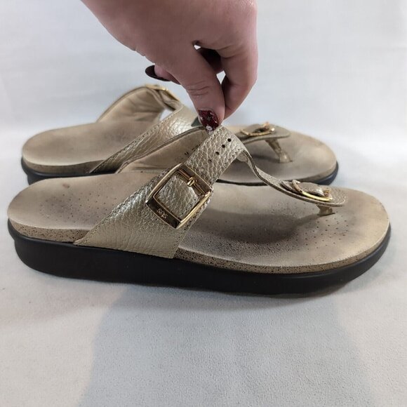 SAS Sanibel Flip Flop Thong Sandals Gold Women's 8.5 Nubuck Leather T-Strap Open - Picture 6 of 13